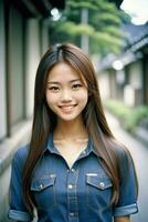 ai généré une Jeune asiatique femme dans une denim chemise photo