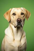 ai généré portrait de Labrador retriever chien séance sur une vert arrière-plan, studio photo. photo