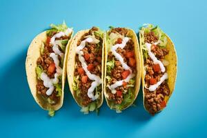 tacos avec Viande et des légumes sur une bleu Contexte photo