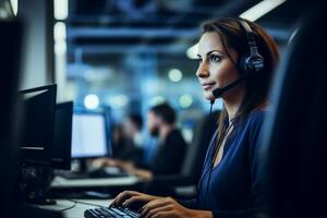 une femme portant écouteurs dans une appel centre photo