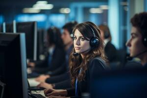 une femme portant écouteurs dans une appel centre photo