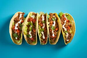 tacos avec Viande et des légumes sur une bleu Contexte photo