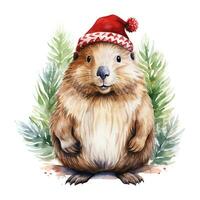 ai généré génératif ai, mignonne castor animal, animal de compagnie dans Noël chapeau et laid chandails, aquarelle style. photo