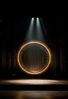 ai généré étape Contexte avec une grand circulaire lumière, dans foncé bronze et or style, bois pour composition ai généré photo