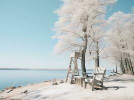 un infrarouge image de une chaise séance sur le rive de une Lac génératif ai photo