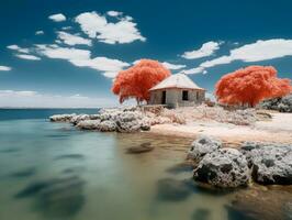 un infrarouge image de une petit maison sur le rive de une corps de l'eau génératif ai photo