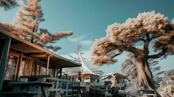 un infrarouge image de une arbre dans de face de une maison génératif ai photo