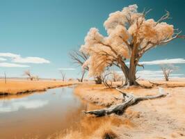 un infrarouge image de une arbre dans le milieu de une champ génératif ai photo