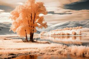 un infrarouge image de une arbre par une Lac génératif ai photo