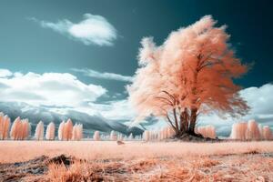 un infrarouge image de une arbre dans le milieu de une champ génératif ai photo