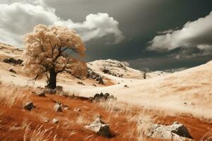 un infrarouge image de une arbre dans le milieu de une champ génératif ai photo