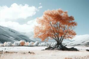 un infrarouge image de une arbre dans le milieu de une champ génératif ai photo