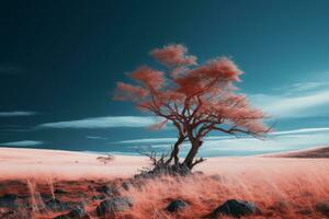 un infrarouge image de une seul arbre dans le milieu de une champ génératif ai photo