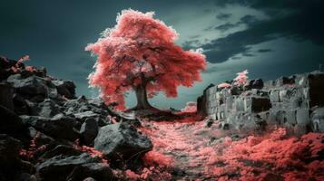 un infrarouge image de une rouge arbre dans le milieu de une champ génératif ai photo