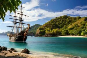 ai généré voile navire sur une tropical plage, Palawan île, Philippines, en bois grand navire voile dans une Caraïbes île baie, ai généré photo