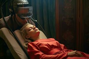 ai généré sexy Jeune femme dans rouge robe mensonge sur le lit avec sa yeux fermé, femme dans cabinet avec yeux fermé pendant procédure fabriqué par dentiste et assistant, ai généré photo