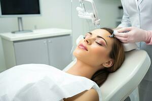 ai généré magnifique femme à le procédure dans le clinique de esthétique médecine, femme dans cabinet avec yeux fermé pendant procédure fabriqué par dentiste et assistant, ai généré photo