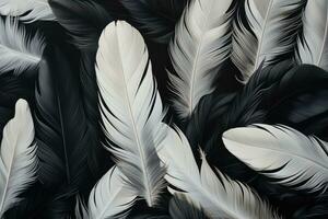 ai généré noir et blanc plumes comme arrière-plan, Haut voir. plat poser, blanc et noir plumes , ai généré photo
