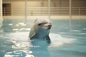 ai généré dauphin nager dans le bassin. tonique image avec doux se concentrer, blanc dauphin dans le piscine, ai généré photo