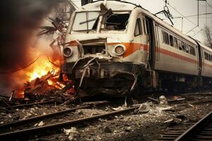 ai généré brûlant train sur le chemin de fer gare. catastrophe dans le ville, une sérieux rail accident, ai généré photo