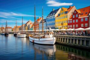 ai généré nyhavn est une front de mer dans Copenhague, Danemark, incroyable historique ville centre, nyhavn Nouveau port canal et divertissement district dans Copenhague, ai généré photo