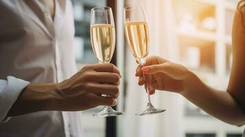 ai généré une homme et femme partage une pain grillé avec Champagne dans une moment de joie photo