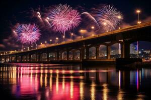 ai généré ai généré Nouveau année fête feux d'artifice plus de pont au dessous de Urbain ville. photo