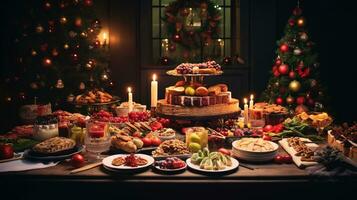 ai généré Noël dîner table plein de vaisselle avec nourriture et collations, Noël un événement photo