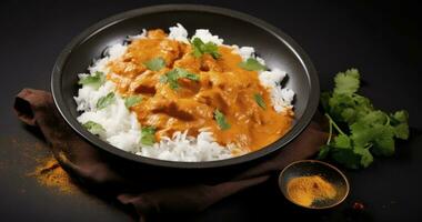 ai généré le exquis syndicat de beurre poulet curry et basmati riz contre une foncé toile de fond photo