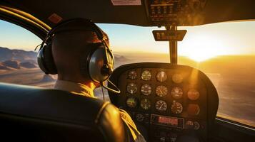 ai généré capturer le serein beauté de une hélicoptère périple à le coucher du soleil avec une radiant Soleil éclater photo