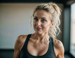 ai généré photo de magnifique milieu vieilli femme avec blond cheveux et sport tenue Faire exercice dans salle de sport, génératif ai