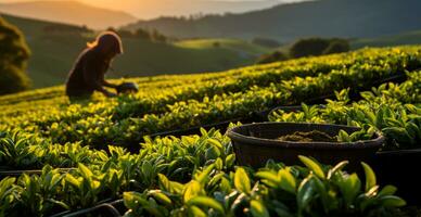 ai généré thé récolte sur une plantation dans Inde - ai généré image photo