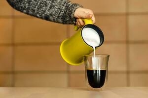 femme dans gris chandail fait du fait maison cappuccino. photo