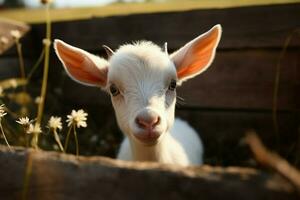 ai généré mignonne peu bébé chèvre dans le champ ai généré photo