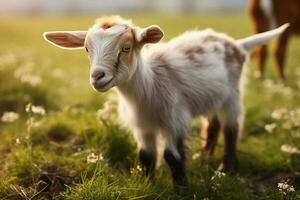 ai généré mignonne peu bébé chèvre dans le champ ai généré photo