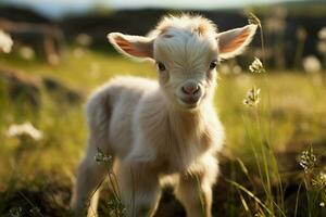 ai généré mignonne peu bébé chèvre dans le champ ai généré photo