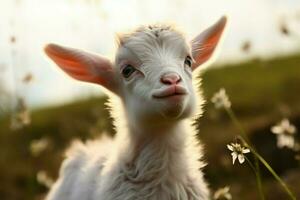 ai généré mignonne peu bébé chèvre dans le champ ai généré photo