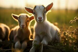 ai généré mignonne peu bébé chèvre dans le champ ai généré photo