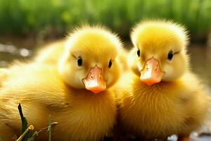 ai généré mignonne duveteux petit peu Jaune canards ai généré photo