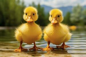 ai généré mignonne duveteux petit peu Jaune canards ai généré photo