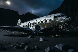 ai généré 3d le rendu de un vieux rouillé avion dans le désert à nuit, un abandonné avion repose solennellement sur une désolé noir le sable plage, ai généré photo