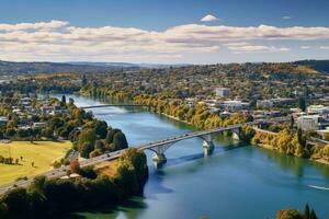 ai généré aérien vue de le Rhin rivière et le ville de schaffhouse, Suisse, aérien drone panoramique vue à la recherche à victoria pont plus de le Waikato rivière comme il traverse le ville photo