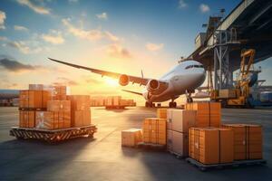 ai généré avion dans cargaison Port à le coucher du soleil temps. logistique et transport concept, avion cargaison transport par avion, déchargement conteneurs de des boites à le aéroport, ai généré photo