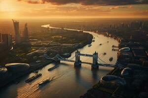 ai généré aérien vue de la tour pont et rivière Tamise à coucher de soleil, Londres, Royaume-Uni, aérien vue de Londres et le rivière Tamise, ai généré photo