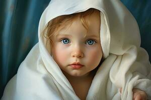 ai généré portrait de une peu fille avec bleu yeux dans une blanc serviette, adorable bébé avec bleu yeux dans une serviette après une bain, présenté dans une portrait, ai généré photo