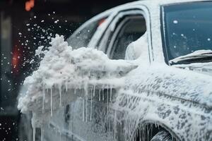 ai généré voiture laver avec mousse et l'eau. la lessive voiture avec mousse, auto voiture laver avec blanc savon et mousse sur le corps, ai généré photo