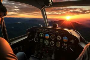 ai généré hélicoptère cockpit et vue de le lever du soleil dans le montagnes, aérien le coucher du soleil vue plus de le bleu crête montagnes de le cockpit de une privé avion, ciel avec des nuages, ciel Contexte photo