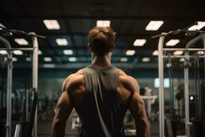 ai généré retour vue de une Jeune homme fléchissement le sien muscles dans le salle de sport, une homme formation à le Gym aptitude club à anneaux, retour voir, ai généré photo