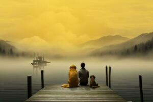 ai généré homme et femme séance sur une en bois jetée dans une brumeux lac, une famille avec une petit Jaune chien repos sur une jetée et à la recherche à le Lac et brumeux montagnes, ai généré photo