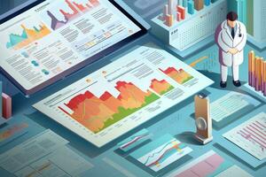 ai généré isométrique plat 3d concept vecteur illustration de affaires une analyse et analytique, une conceptuel illustration de médical informatique et santé se soucier analytique dans une fermer coup photo